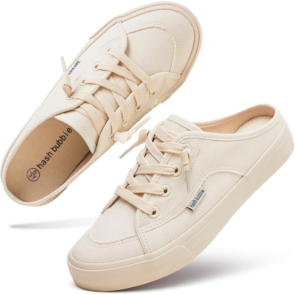 🆕Beige Canvas Mules for Women Slip On Backless Sneakers Summer Closed Toe Shoes